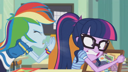 Size: 3410x1920 | Tagged: safe, imported from derpibooru, screencap, rainbow dash, sci-twi, twilight sparkle, equestria girls, equestria girls series, the last day of school, book, bowtie, clothes, eyes closed, female, geode of super speed, glasses, high res, hoodie, jewelry, magical geodes, necklace, open mouth, ponytail, yelling