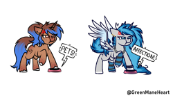 Size: 2850x1608 | Tagged: safe, artist:greenmaneheart, imported from derpibooru, oc, oc only, oc:heart sketch, oc:moonbeam zodiac, alicorn, pony, unicorn, :t, alicorn oc, button, clothes, cross-popping veins, female, horn, mare, raised hoof, simple background, socks, striped socks, transparent background, unicorn oc, wings