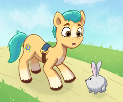 Size: 1690x1408 | Tagged: safe, artist:drakarttack, artist:kiiiiiirl, imported from derpibooru, hitch trailblazer, earth pony, pony, rabbit, animal, cloud, critter magnet, g5, male, path, stallion