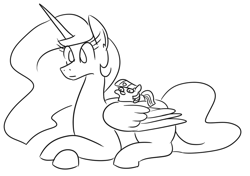 Size: 1030x725 | Tagged: safe, artist:jargon scott, imported from derpibooru, princess celestia, twilight sparkle, alicorn, pony, unicorn, black and white, crossed hooves, duo, female, filly, grayscale, lineart, lying down, mare, missing cutie mark, monochrome, prone, simple background, squatpony, twiggie, unicorn twilight, white background