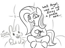 Size: 749x544 | Tagged: safe, artist:jargon scott, imported from derpibooru, angel bunny, fluttershy, pony, rabbit, animal, black and white, bondage, dialogue, duo, female, grayscale, hallucination, insane asylum, insanity, lineart, mare, monochrome, padded cell, straitjacket