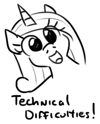 Size: 365x454 | Tagged: safe, artist:jargon scott, imported from derpibooru, princess cadance, alicorn, pony, black and white, close-up, female, grayscale, hi anon, mare, meme, monochrome, simple background, solo, technical difficulties, white background