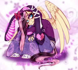 Size: 1518x1368 | Tagged: safe, artist:pastelperyton, imported from derpibooru, fluttershy, anthro, pegasus, plantigrade anthro, abstract background, animal hoodie, clothes, emo, emoshy, eyeshadow, female, frown, hoodie, jeans, makeup, mare, pants, sitting, solo