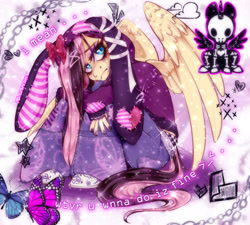 Size: 1518x1368 | Tagged: safe, alternate version, artist:pastelperyton, imported from derpibooru, fluttershy, anthro, butterfly, pegasus, plantigrade anthro, skeleton pony, abstract background, animal hoodie, bone, clothes, emo, emoshy, eyeshadow, female, frown, hoodie, jeans, makeup, mare, pants, sitting, skeleton, solo