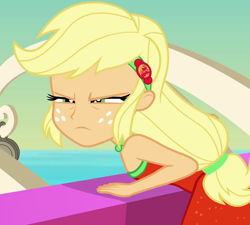 Size: 1200x1080 | Tagged: safe, imported from derpibooru, screencap, applejack, equestria girls, equestria girls series, spring breakdown, spoiler:eqg series (season 2), bare shoulders, cropped, female, glare, if looks could kill, narrowed eyes, sleeveless, solo