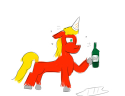 Size: 1024x788 | Tagged: safe, artist:horsesplease, imported from derpibooru, sprout cloverleaf, alcohol, beer, bottle, drunk, g5, hat, my little pony: a new generation, party hat, puddle, sad, sad sprout, upset