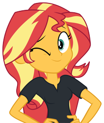 Size: 8751x10332 | Tagged: safe, artist:wissle, imported from derpibooru, sunset shimmer, equestria girls, equestria girls series, opening night, absurd resolution, breasts, cleavage, director shimmer, female, hand on hip, looking at you, one eye closed, opening night: sunset shimmer, simple background, solo, sunset shimmer day, transparent background, vector, wink