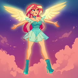 Size: 2000x2000 | Tagged: safe, artist:xjenn9, imported from derpibooru, sunset shimmer, equestria girls, my past is not today, boots, breasts, cleavage, clothes, high heel boots, high res, redesign, see-through, see-through skirt, shoes, skirt, solo, sunset phoenix, winged humanization, wings