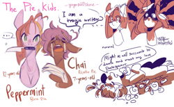 Size: 1600x988 | Tagged: safe, artist:yuyusunshine, imported from derpibooru, oc, oc only, oc:chai ricatto, oc:peppermint brie, earth pony, pony, female, knife, male, mouth hold, offspring, parent:cheese sandwich, parent:pinkie pie, parents:cheesepie
