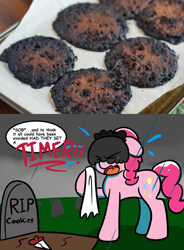 Size: 1024x1389 | Tagged: safe, artist:tranzmuteproductions, imported from derpibooru, pinkie pie, earth pony, pony, baking, baking judge pinkie, bouquet of flowers, burnt, comic, cookie, crying, dialogue, emanata, eyes closed, female, floppy ears, food, funeral, gravestone, graveyard, handkerchief, mare, open mouth, photo, rain, rest in peace, sobbing, solo, teary eyes, tissue, veil