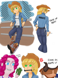 Size: 774x1032 | Tagged: safe, artist:ironjethro, imported from derpibooru, applejack, pinkie pie, human, equestria girls, ankle cuffs, belt, bit gag, clothes, cross-popping veins, cuffs, gag, grin, inmate, jeans, key, money, pants, prison outfit, rodeo, saddle, smiling, tack
