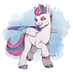 Size: 1825x1801 | Tagged: safe, artist:birdoffnorth, imported from derpibooru, zipp storm, pegasus, pony, abstract background, g5, looking back, raised hoof, solo