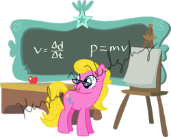 Size: 1024x819 | Tagged: safe, artist:kaylathehedgehog, imported from derpibooru, starlight (g1), earth pony, pony, my little pony tales, apple, chair, chalkboard, desk, female, food, g1, g1 to g4, g4, generation leap, glasses, mare, math, obtrusive text, physics, seat, simple background, solo, teacher, transparent background, vector