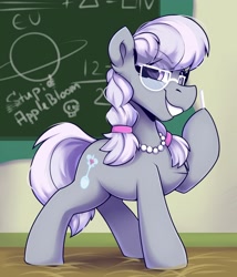 Size: 1500x1750 | Tagged: safe, artist:shadowreindeer, imported from derpibooru, silver spoon, earth pony, pony, chalkboard, cute, female, filly, glasses, jewelry, necklace, raised leg, silverbetes, smiling