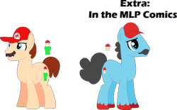 Size: 877x545 | Tagged: safe, artist:selenaede, artist:victorfazbear, imported from derpibooru, earth pony, pony, base used, blue eyes, brown mane, cap, crossover, cutie mark, facial hair, gray mane, hat, male, mario, mario's hat, moustache, ponified, simple background, stallion, standing, super mario bros., tail, transparent background, unshorn fetlocks