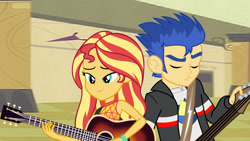 Size: 2000x1125 | Tagged: safe, artist:bigpurplemuppet99, imported from derpibooru, flash sentry, sunset shimmer, equestria girls, equestria girls series, let it rain, rainbow rocks, spoiler:eqg series (season 2), female, flashimmer, guitar, male, musical instrument, shipping, straight