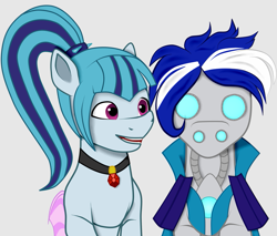 Size: 907x774 | Tagged: safe, artist:crystal yazarän, imported from derpibooru, sonata dusk, oc, oc:ivislor, oc:ivislor odzi, cyborg, cyborg pony, earth pony, pony, equestria girls, blue hair, cape, clothes, commission, commissioner:iv's, disguise, disguised siren, duo, ponified, superhero