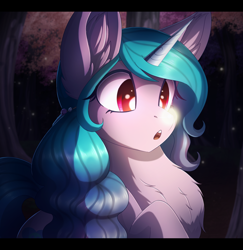 Size: 2500x2577 | Tagged: safe, artist:_ladybanshee_, imported from derpibooru, izzy moonbow, firefly (insect), insect, pony, unicorn, big eyes, chest fluff, cute, ear fluff, forest, forest background, g5, high res, izzybetes, night, outdoors, shiny eyes, solo