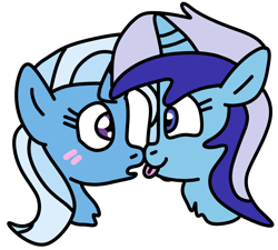 Size: 900x810 | Tagged: safe, artist:jadeharmony, imported from derpibooru, minuette, trixie, pony, unicorn, :p, blushing, boop, chest fluff, eye contact, female, head only, horn, lesbian, looking at each other, mare, minixie, noseboop, open mouth, shipping, simple background, smiling, tongue out, transparent background, two toned mane