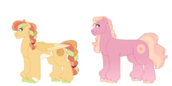 Size: 1280x640 | Tagged: safe, artist:itstechtock, imported from derpibooru, oc, oc:melon ball, oc:peach cobbler, earth pony, pony, female, magical lesbian spawn, mare, offspring, parent:applejack, parent:big macintosh, parent:cheerilee, parent:rainbow dash, parents:appledash, parents:cheerimac, simple background, white background