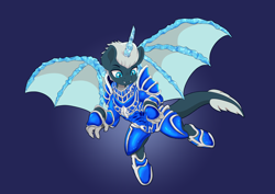 Size: 10912x7712 | Tagged: safe, artist:imposter dude, imported from derpibooru, oc, oc only, dragon, half-dragon, hybrid, pony, armor, commission, half-pony, ice horn, ice wings, male, simple background, solo, without helmet