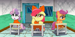 Size: 1273x627 | Tagged: safe, artist:spellboundcanvas, imported from derpibooru, apple bloom, scootaloo, sweetie belle, earth pony, pegasus, pony, unicorn, apple bloom's bow, bored, bow, classroom, clothes, cutie mark crusaders, desk, door, female, floppy ears, hair bow, jumpsuit, nervous, open mouth, prison, prison outfit, prisoner, sad, school, tired, trio, trio female, window, wing cuffs