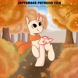 Size: 2894x2894 | Tagged: safe, artist:jellysketch, imported from derpibooru, oc, alicorn, earth pony, pegasus, pony, unicorn, autumn, clothes, commission, high res, patreon, scarf, solo, your character here