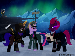 Size: 4671x3488 | Tagged: safe, artist:cmdrtempest, imported from derpibooru, fizzlepop berrytwist, tempest shadow, twilight sparkle, oc, oc:deafjaeger, oc:starlet soul, earth pony, pony, unicorn, equestria at war mod, my little pony: the movie, aurora borealis, axe, battlefield, bloodshot eyes, broken horn, cigarette, clothes, commander, eyepatch, female, gas mask, general, hat, headphones, hoodie, hoof hold, horn, ice, light, long horn, magic, magic aura, male, mare, mask, mountain, mouth hold, night, scroll, shadow, sign, snow, snowfall, sombra eyes, stallion, suit, tank (vehicle), tiger (tank), tiger tank, unicorn horn, unicorn horns, unicorn twilight, weapon