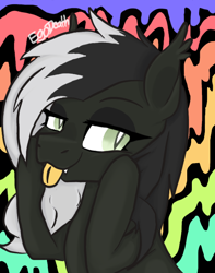 Size: 558x709 | Tagged: safe, artist:egodeath, imported from derpibooru, oc, oc only, oc:ego death, bat pony, pony, bat pony oc, cute, rainbow, silly, silly pony, solo, tongue out, trippy