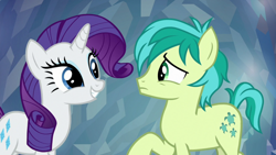 Size: 1920x1080 | Tagged: safe, imported from derpibooru, screencap, rarity, sandbar, earth pony, pony, unicorn, season 8, what lies beneath, duo, female, frown, grin, looking at each other, male, mare, raised hoof, smiling, teenager