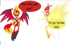 Size: 1280x800 | Tagged: safe, edit, edited screencap, imported from derpibooru, screencap, sunset shimmer, equestria girls, equestria girls (movie), friendship games, daydream shimmer, dialogue, duo, duo female, female, self paradox, simple background, spread wings, sunset satan, sunset shimmer day, white background, wings