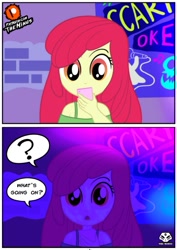 Size: 575x813 | Tagged: safe, artist:theminus, imported from derpibooru, apple bloom, human, equestria girls, blacklight, looking at you, open mouth, question mark, show accurate, speech bubble