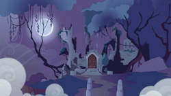 Size: 1280x720 | Tagged: safe, imported from derpibooru, screencap, friendship is magic, season 1, background, castle of the royal pony sisters, everfree forest, fog, full moon, moon, night, no pony, old castle ruins, ruins, scenic ponyville, tree
