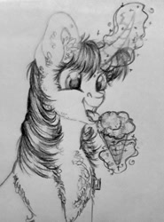 Size: 786x1060 | Tagged: safe, artist:skior, imported from derpibooru, twilight sparkle, pony, chest fluff, ear fluff, fluffy, food, ice cream, magic, monochrome, solo, telekinesis, tongue out, traditional art