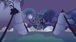 Size: 1280x720 | Tagged: safe, imported from derpibooru, screencap, friendship is magic, season 1, background, bridge, castle of the royal pony sisters, everfree forest, fog, moon, night, no pony, old castle ruins, ruins, scenic ponyville, tree