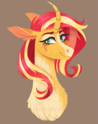 Size: 697x882 | Tagged: safe, artist:wanderingpegasus, imported from derpibooru, sunset shimmer, pony, unicorn, equestria girls, brown background, chest fluff, curved horn, cute, female, horn, mare, markings, redesign, shimmerbetes, simple background, solo, sunset shimmer day