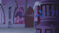 Size: 1280x720 | Tagged: safe, imported from derpibooru, screencap, friendship is magic, season 1, background, castle of the royal pony sisters, column, door, night, no pony, ruins, scenic ponyville