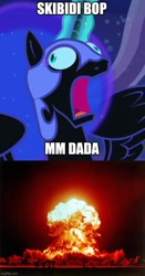 Size: 500x954 | Tagged: safe, imported from derpibooru, nightmare moon, alicorn, pony, derp, explosion, faic, female, hiatus, mare, meme, moon moon, nightmare moon moon, skibidi bop mm dada