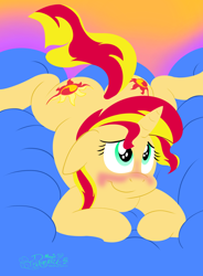 Size: 2590x3526 | Tagged: safe, artist:rupertbluefox, imported from derpibooru, sunset shimmer, pony, unicorn, equestria girls, bed, blushing, both cutie marks, bunset shimmer, butt, cushion, cute, female, high res, lineless, lying down, mare, plot, prone, shimmerbetes, smiling, sploot, spread legs, spreading, starry eyes, wingding eyes