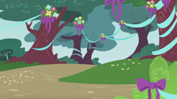 Size: 1280x720 | Tagged: safe, imported from derpibooru, screencap, friendship is magic, season 1, background, bow, flower, no pony, ponyville, ribbon, scenic ponyville, tree