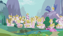 Size: 1280x720 | Tagged: safe, imported from derpibooru, screencap, friendship is magic, season 1, background, bridge, cloud, day, mill, mountain, no pony, ponyville, river, scenic ponyville, sky, tree, windmill