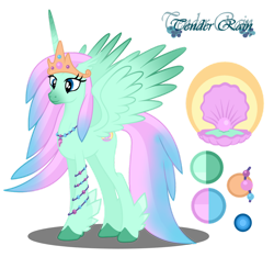 Size: 1280x1199 | Tagged: safe, artist:tenderrain-art, imported from derpibooru, oc, oc:princess pearl shimmer, hybrid, interspecies offspring, offspring, parent:princess celestia, parent:seaspray, reference sheet, simple background, transparent background