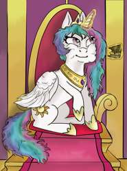 Size: 3323x4500 | Tagged: safe, artist:heatherberserker, imported from derpibooru, princess celestia, alicorn, pony, cake, cakelestia, eating, female, food, glowing, glowing horn, horn, magic, sitting, solo, telekinesis, throne