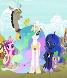 Size: 621x720 | Tagged: safe, imported from derpibooru, screencap, discord, princess cadance, princess celestia, princess luna, spike, alicorn, draconequus, dragon, pony, twilight's kingdom, alicorn triarchy, cloud, cropped, female, looking at you, male, mountain, ponyville, royal sisters, siblings, sisters