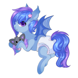 Size: 900x900 | Tagged: safe, artist:veincchi, imported from derpibooru, oc, oc only, oc:astral flare, bat pony, pony, bat wings, cute, cute little fangs, diaper, fangs, female, filly, flying, foal, plushie, simple background, smiling, solo, wings