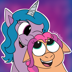 Size: 1080x1080 | Tagged: safe, artist:artyanimated, imported from derpibooru, izzy moonbow, sunny starscout, earth pony, pony, unicorn, duo, female, floppy ears, g5, happy, one eye closed, open mouth