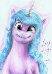 Size: 1643x2318 | Tagged: safe, artist:3500joel, imported from derpibooru, izzy moonbow, pony, unicorn, female, g5, smiling, solo, traditional art
