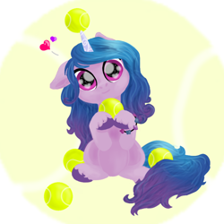 Size: 1000x1000 | Tagged: safe, artist:galioncyapon, imported from derpibooru, izzy moonbow, pony, unicorn, ball, cute, female, floating heart, g5, heart, horn, hornball, izzy's tennis ball, izzybetes, looking at you, solo, tennis ball, that pony sure does love tennis balls