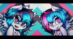 Size: 4096x2219 | Tagged: safe, alternate version, artist:canvymamamoo, imported from derpibooru, oc, oc only, oc:canvy, oc:echy, pegasus, pony, abstract background, brother and sister, chest fluff, collar, duo, ear fluff, fangs, female, freckles, glasses, hair bun, heart eyes, jewelry, looking at you, male, mare, necklace, open mouth, siblings, smiling, spread wings, stallion, tongue out, tree, twins, wingding eyes, wings