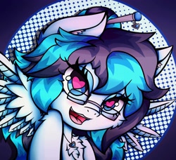 Size: 3169x2894 | Tagged: safe, artist:canvymamamoo, imported from derpibooru, oc, oc only, oc:canvy, pegasus, pony, abstract background, chest fluff, circle background, ear fluff, fangs, female, hair bun, heart eyes, high res, jewelry, lidded eyes, looking at you, mare, necklace, open mouth, smiling, solo, spread wings, wingding eyes, wings